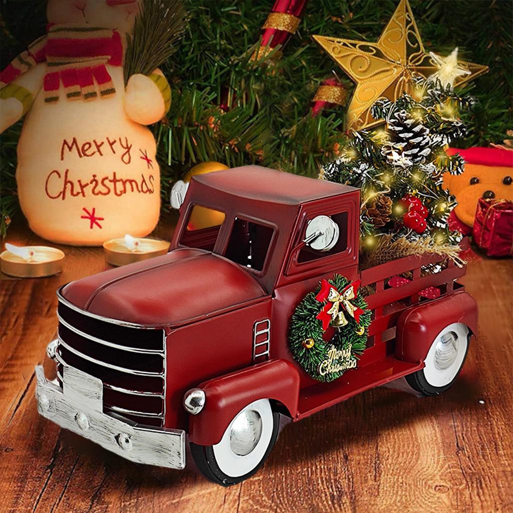 Vintage Christmas Red Truck Decoration, Warm White Twinkling Lights, Country Farmhouse Pickup Truck, Truck with Christmas Tree