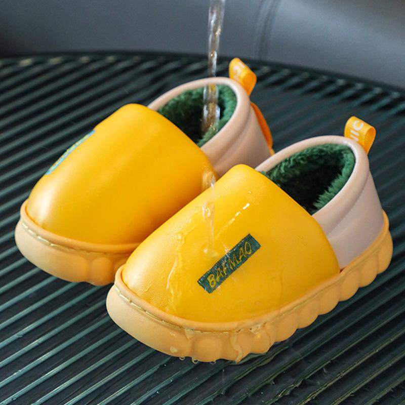 Winter PU Waterproof Children Cotton Slippers Girl Parent-child Warm Baby Slippers Home Indoors Shoes Solid Boy Bedroom Slippers