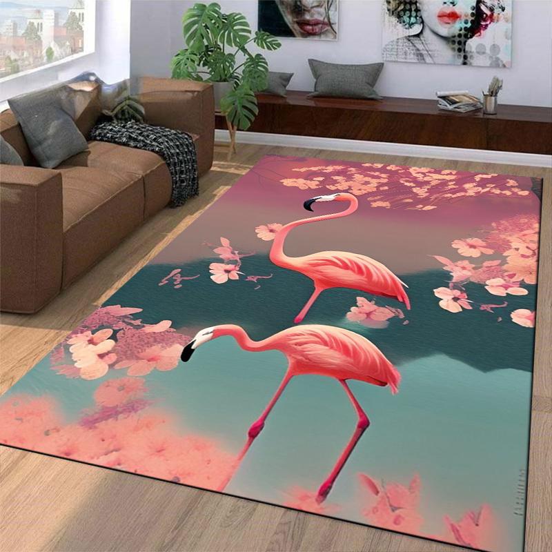 Дизайн ковра 'Flamingo Bliss' с элегантными розовыми цветами. Подходит для использования в качестве противоскользящего игрового коврика для диванов в гостиной и спальне.