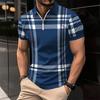 Men Shirt Lapel Zipper Color Matching Plaid Striped Print Slim Fit Short Sleeve Pullover