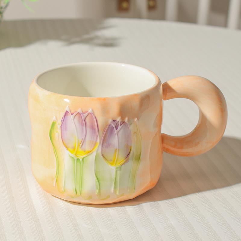 Высокоценная чашка-тюльпан в стиле инс для девочек, милая керамическая кружка с крышкой и ложкой, парная, для дома, для кофе