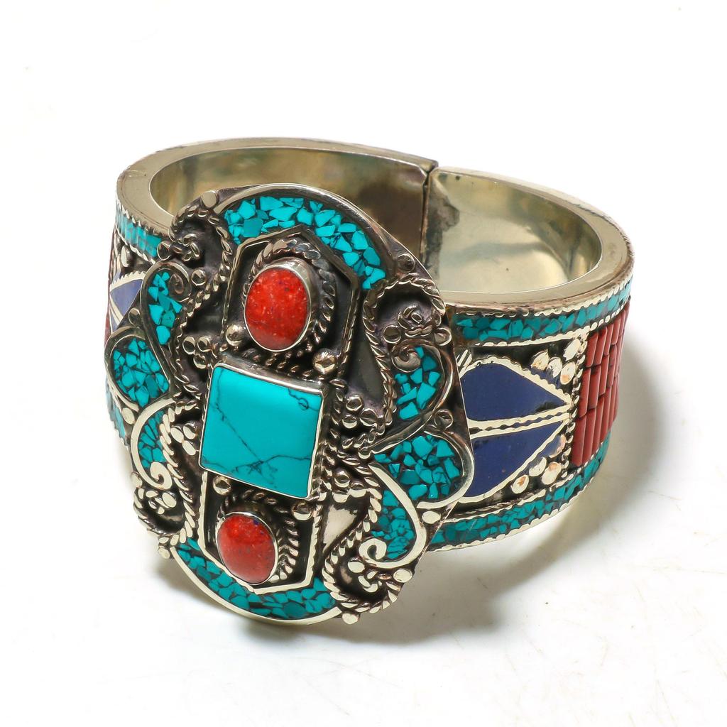 Natural Tibetan Turquoise Coral Lapis Lazuli Gemstone Handmade Cuff Bracelet Jewelry Size 7-8 Inches Nepali Tibetan Cuff Bracelet Jewelry