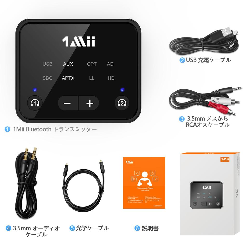1Mii Bluetooth Transmitter Applicable to 2 Wireless Earphones from TV Long Range 30m Bluetooth Adapter TV aptX Low Latency Volume Control Applicable