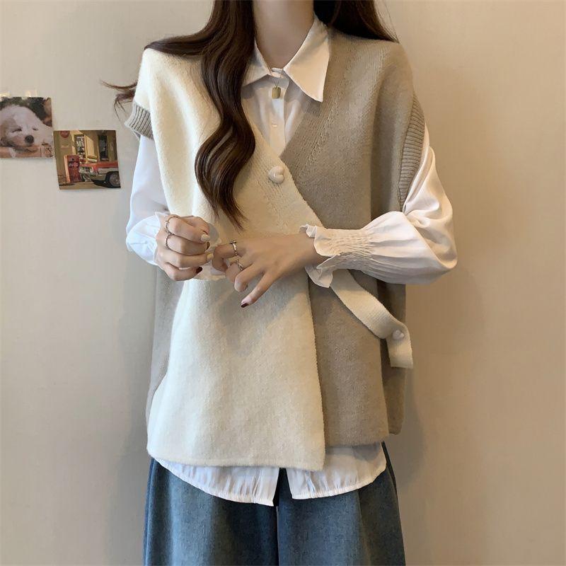 Весна и осень контрастный цветной свитер жилет с вышивкой для женщин дизайн нерегулярный свободный и тонкий безрукавный трикотажный жилет женский