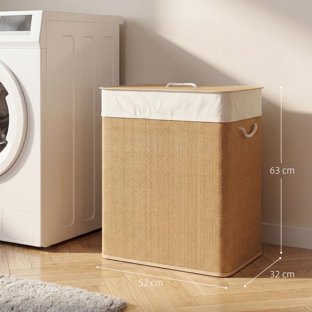 2 Section Laundry Basket with Lid, 100L Bamboo Laundry Hamper with Handles, Removable and Washable Liner, Brown