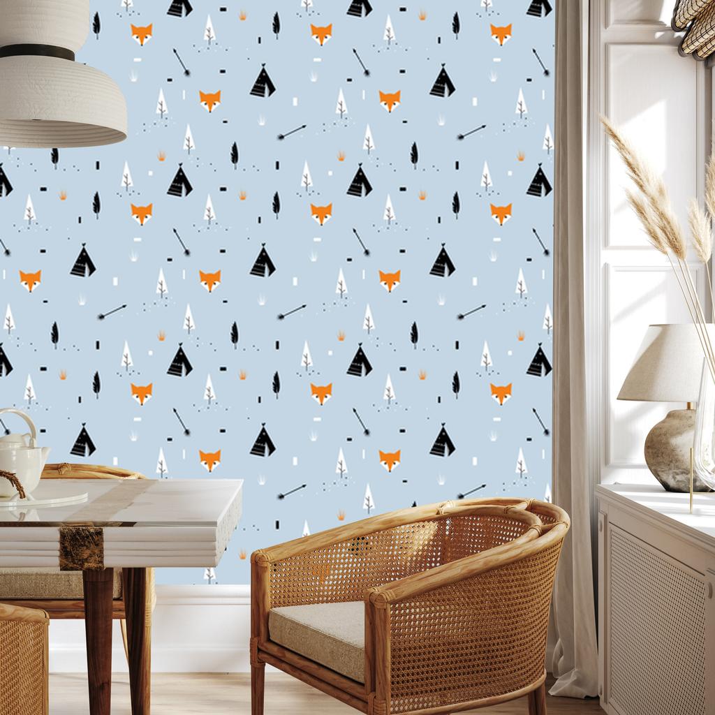 Foxes wallpaper with tipi tents for living room and bedroom 50x1000