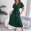 Fashion Cross V Neck Women Summer Dress Short Sleeve Casual Simple Solid Color Pleated Lace-up Party A-line Dresses Female Elegant Clothing