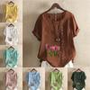 Women's Fashion Round Neck Short Sleeve T-shirt Casual Cotton Linen Graphic Shirt Leisure Loose Tulips Prined Summer Blouse Tops