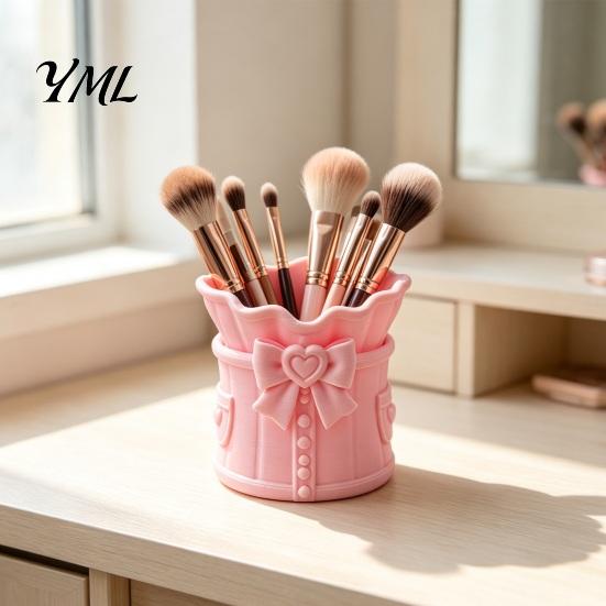 Pink Bow Stationery Holder Makeup Brush Holder, 3D Printed Desk Organizer, Cosmetic Office Organizer Brushes & Pen Storage Cup for Vanity Decoration