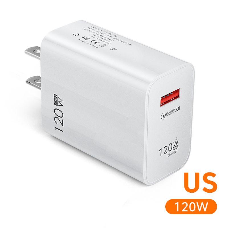 Быстрое зарядное устройство USB 120 Вт Quick Charge 5.0 Вилка EU/US/UK Зарядное устройство для телефона Кабель Type-C Для Samsung Xiaomi QC3.0 Настенное зарядное устройство USB