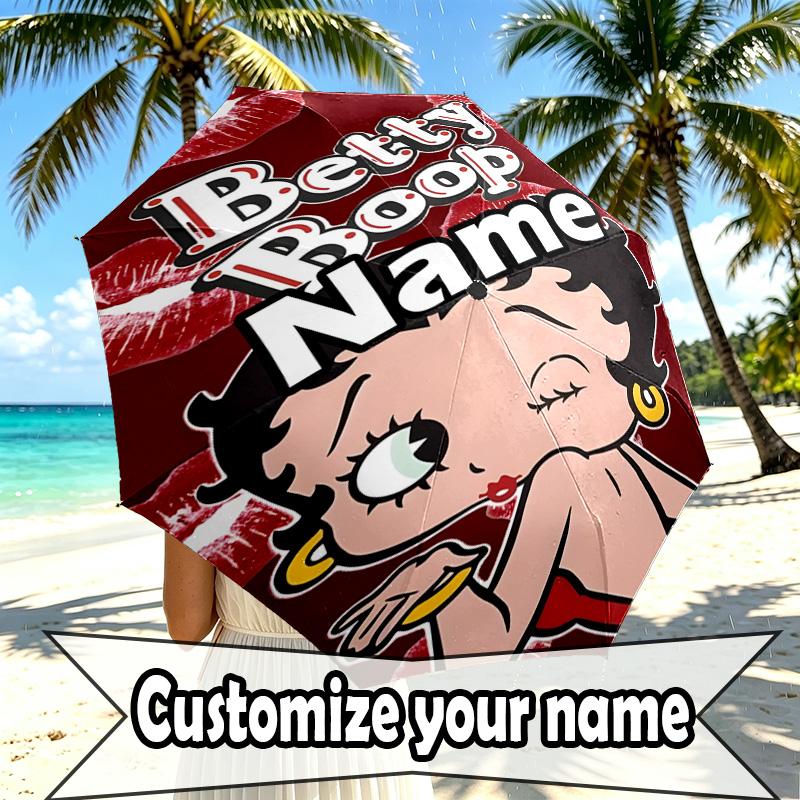 Custom Name Personalized Betty Boop Print Umbrella, Auto Open Close, 8‑Rib Sturdy Frame, Commute Camping Hiking Use, Birthday Gift