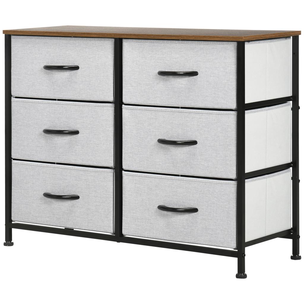 Fabric Chest of Drawers, Industrial Bedroom Dresser with 6 Fabric Drawers, Steel Frame and Wooden Top for Nursery, Living Room, Hallway, Grey