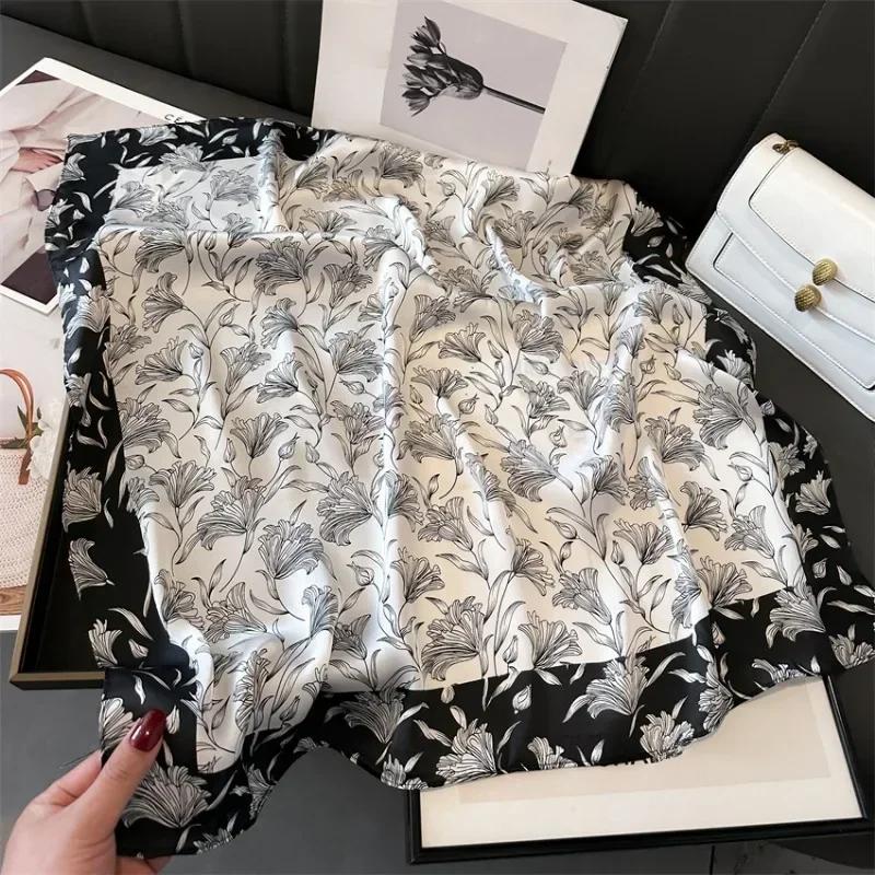 Fashionable Black Flower Scarf 70*70cm Summer Breathable Silk Scarves for Woman Outdoor Sun Protection Wraps