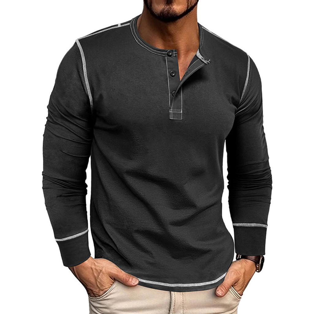 Men's Long Sleeve Shirt Men's Round Neck Button T-Shirt Color Block Top