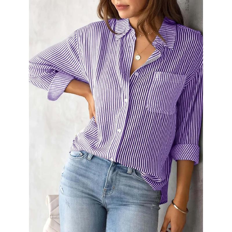 Spring new women's fashion loose striped shirt casual breathable long-sleeve top