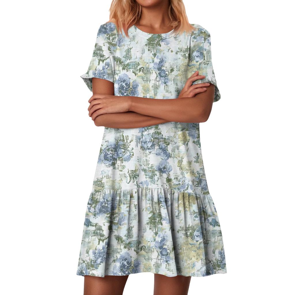 Женские модные повседневные платья с круглым вырезом и коротким рукавом с оборками и винтажным принтом