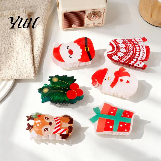 Christmas Hair Claw Clips Clip for Women, Acrylic Festive Accessories with Elk Santa Snowflake Cute Gift Girls Patterns, Non Slip Strong Hold Styling