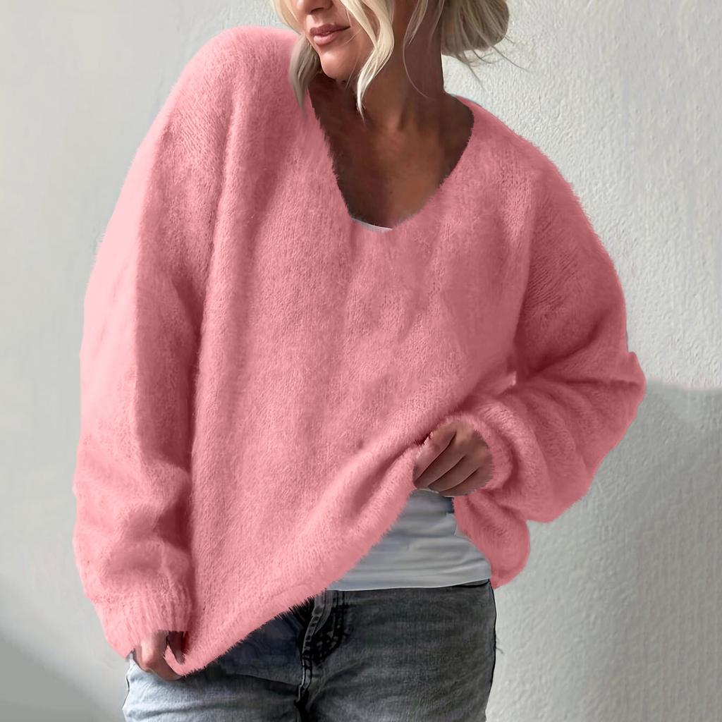 Women's Fashion Casual V-neck Solid Color Long-sleeve Knitted Sweater Top