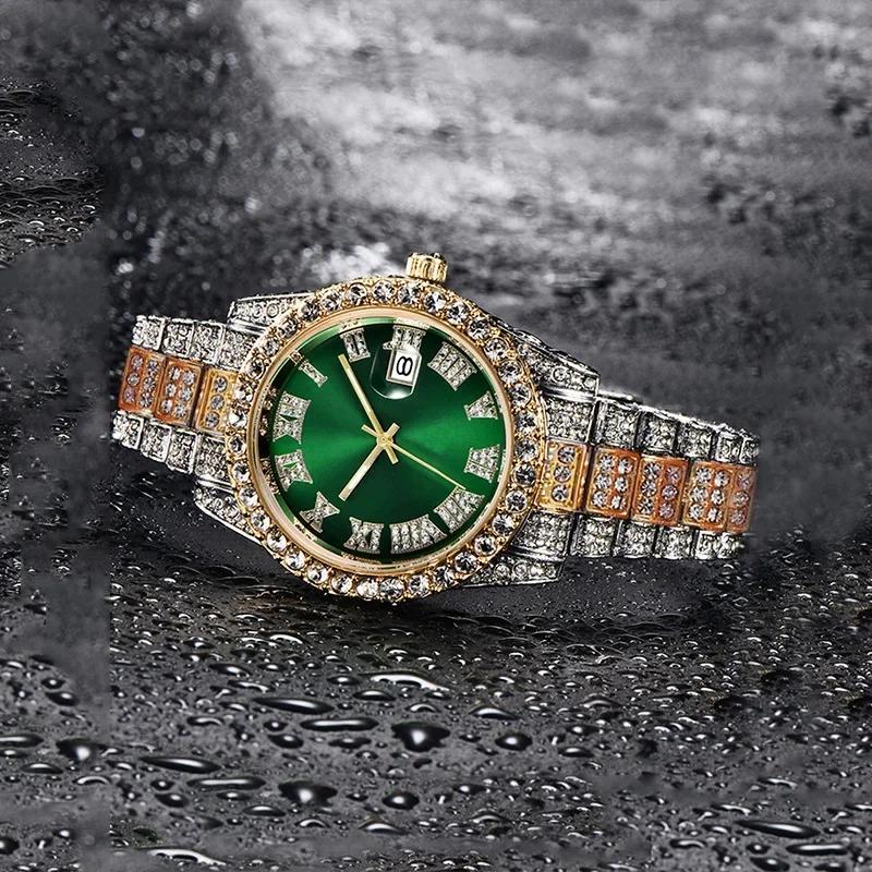 Часы Hiphop, хит продаж, мужские кварцевые часы Hip Hop со стальным ремешком и римской шкалой, с бриллиантами и календарем