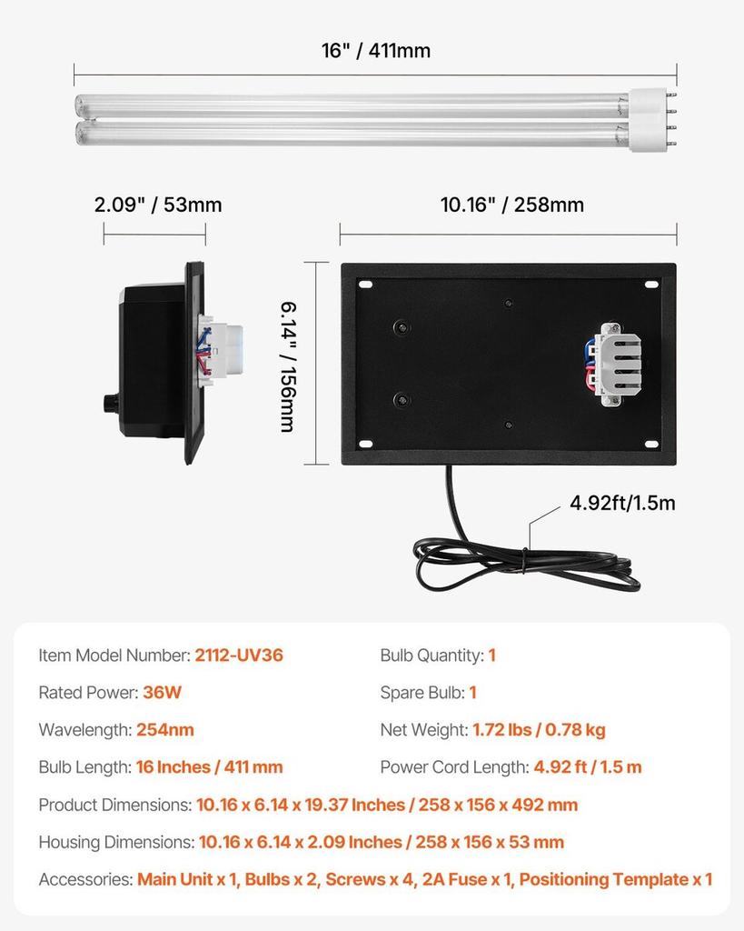 HVAC Air Purifier Whole House 36W 16inch UV Light in Duct for Ac Systems