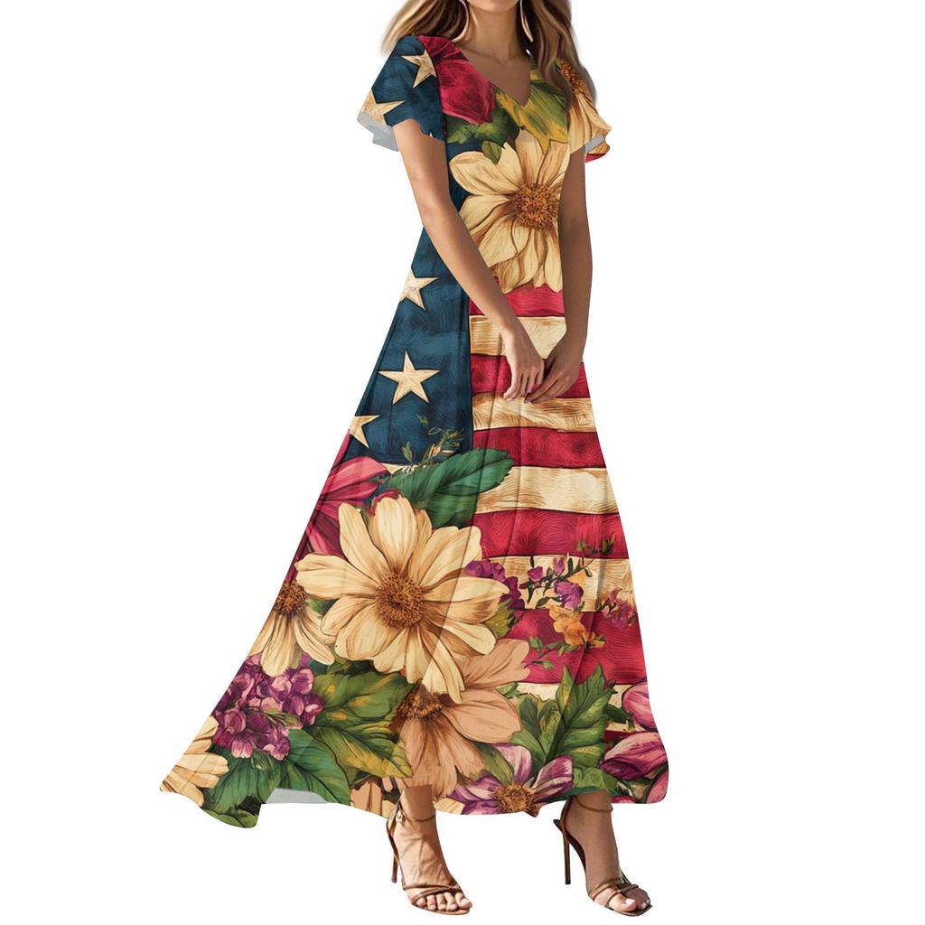 Женские повседневные модные платья с принтом ко Дню независимости, платья с коротким рукавом и V-образным вырезом