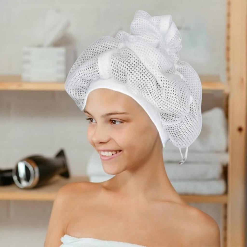 EMVANV Net Plopping Cap for Drying Curly Hair,Adjustable Net Hair Plopping Bonnet Curly Hair Bonnet Net Plopping Cap for Fast Drying(White)