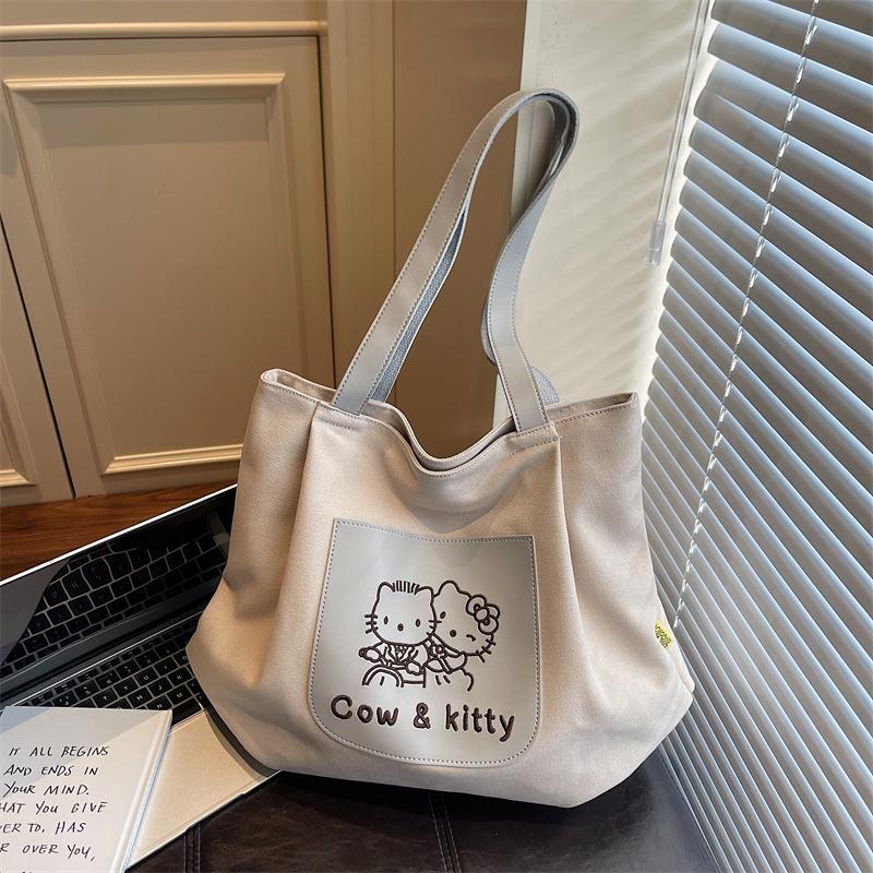 New Large capacity Kitty Women's Canvas Bag Versatile Cute Shoulder Bag Kawaii Cat Tote Handbag Sweet Cartoon Women's Handbag