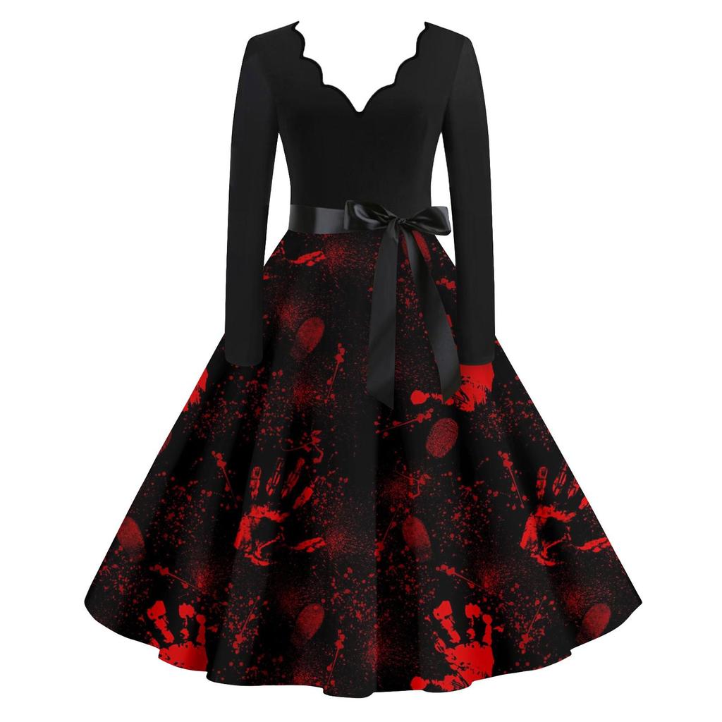 Женские повседневные модные винтажные длинные платья с длинным рукавом на Хэллоуин и графическим принтом