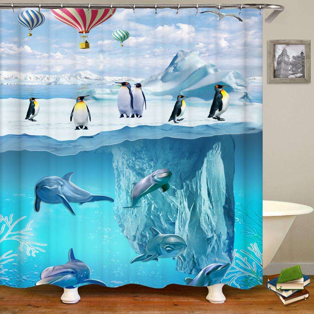 Cartoon Dolphin Shower Curtain Waterproof Home Decoration Curtain Ocean Sea Beach landscape Printed Bathroom Curtain With Hooks