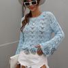2024 Осень и зима Новый вязаный европейский и американский однотонный крючковый цветочный ажурный пуловер круглый вырез свободный свитер для женщин