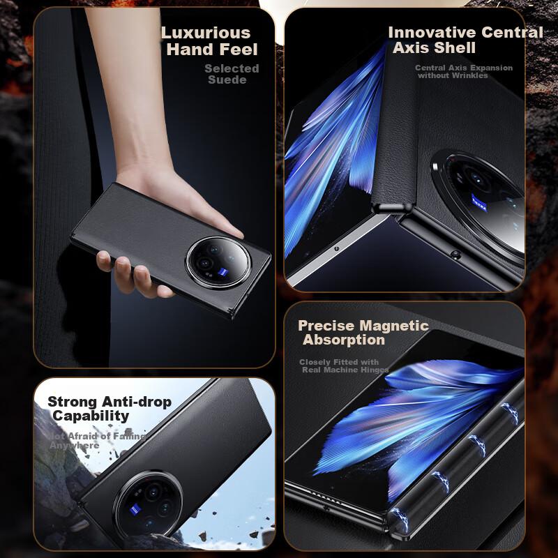 Phone Case for Vivo X Fold3, Foldable Plain Leather with Center Axis Hinge, Full Protection Anti-Drop Business Style Leather Case - Center Axis Model