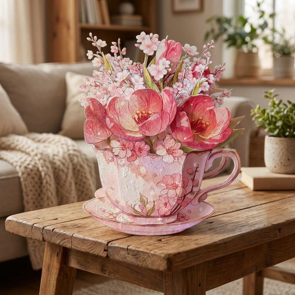 Paper Sculpture Flowers Teacup Greeting Card Surprise Gifts 3D Pop Up Bouquet Card Mother's Day