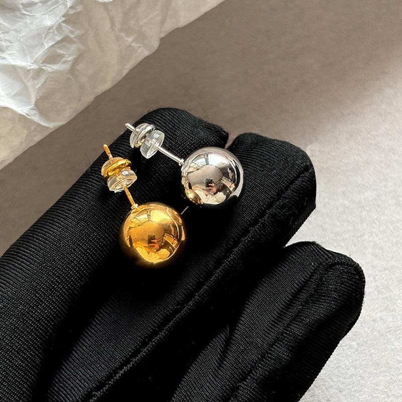 Sterling Silver Needle Gold Ball Stud Earrings Women's Cold Wind Earrings Real Gold Electroplated Earrings