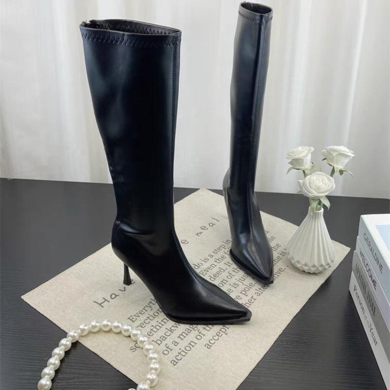 New Style Popular Women's Pointed Toe High Stiletto Heel Pleated Knee High Boots Women's Mid-Leg Comfortable Zapatos De Mujer