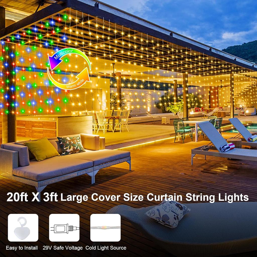 ZAIYW 20Ftx3Ft Curtain Lights Outdoor LED Fence Lights with Remote Timer