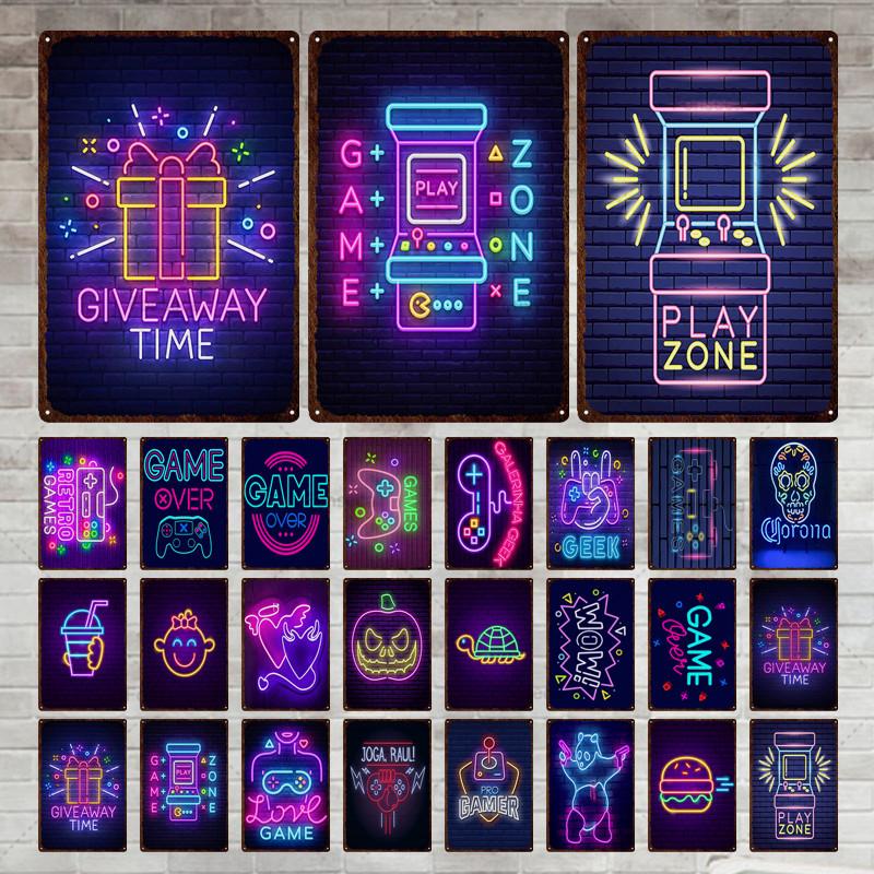 Неоновая игровая вывеска, металлическая вывеска, винтажная жестяная вывеска, металлический винтажный бар, винтажное украшение стены, металлический постер с клубной дыркой