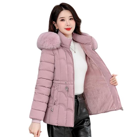 Winter Women Jacket Padded Windproof Cold-proof Zipper Closure Outerwear with Detachable Hood Stand Collar Neck Protection Drawstring Waist Jacket