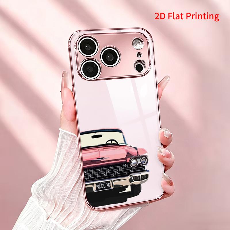2DFlat electroplated tempered glass phone case,Classic Pink Car Design,suitable for iPhone 18 Pro Max 17 16 15 14 13 12 11