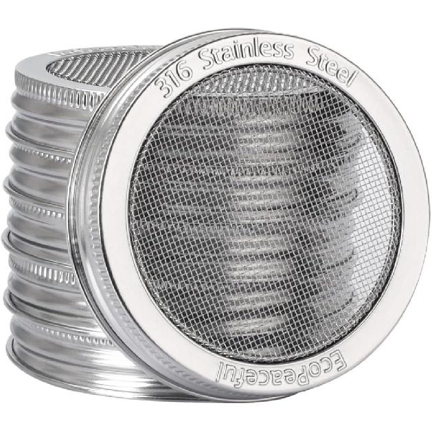 2 Pack ONE-PIECE 316 Surgical Stainless Steel Sprouting Lids for Wide Mouth Mason Jar (Ball Kerr) - One-Piece- Strainer Mesh Lids - Rust-Proof