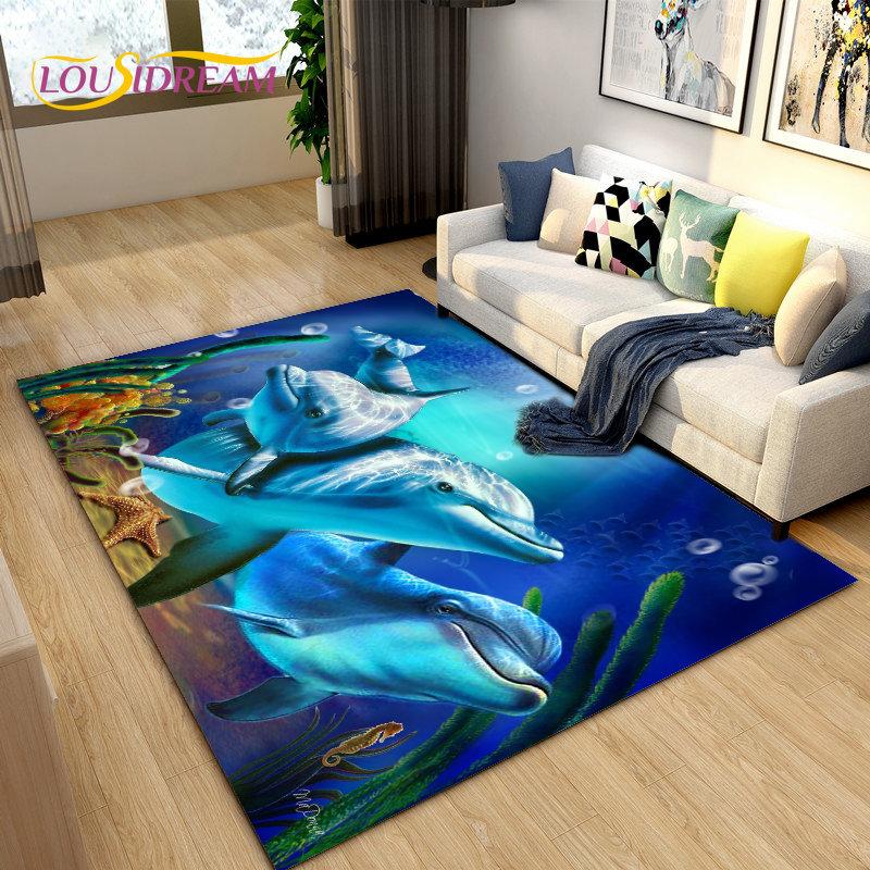 3D иллюзия морского дна, подводный мир, коврик с дельфином и акулой, коврик для гостиной, спальни, дивана, коврик, нескользящий напольный коврик