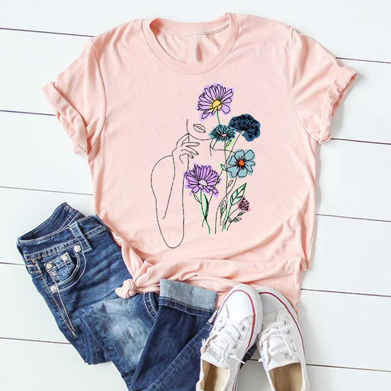 (Азиатский размер) Женская футболка с милым цветочным принтом и короткими рукавами, женская одежда, летняя модная повседневная футболка с графическим принтом