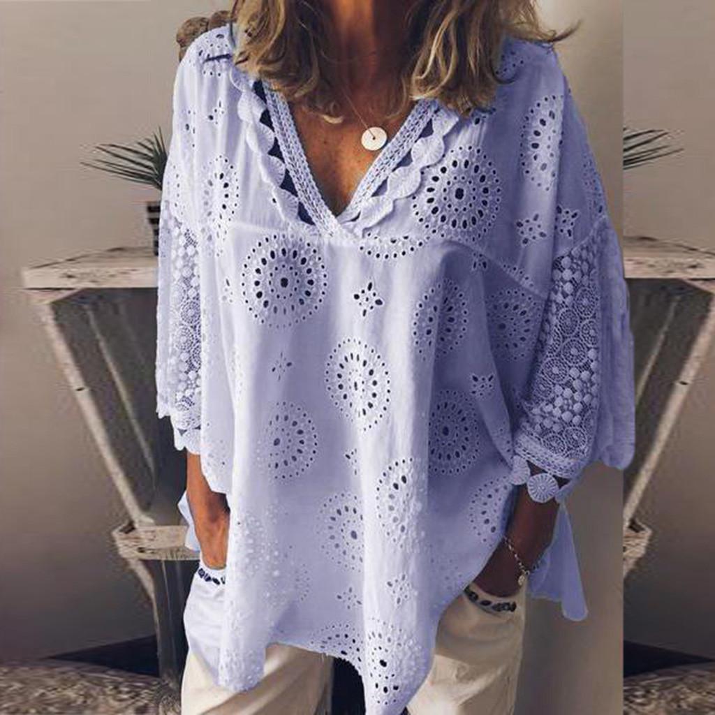 Women Half Sleeve Cotton Linen Hollow Out Lace Patchwork T-Shirt Blouse Tops