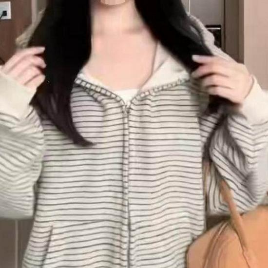 Women's Striped Zipper Hoodie Cardigan - Korean Style, Spring/Autumn 2026