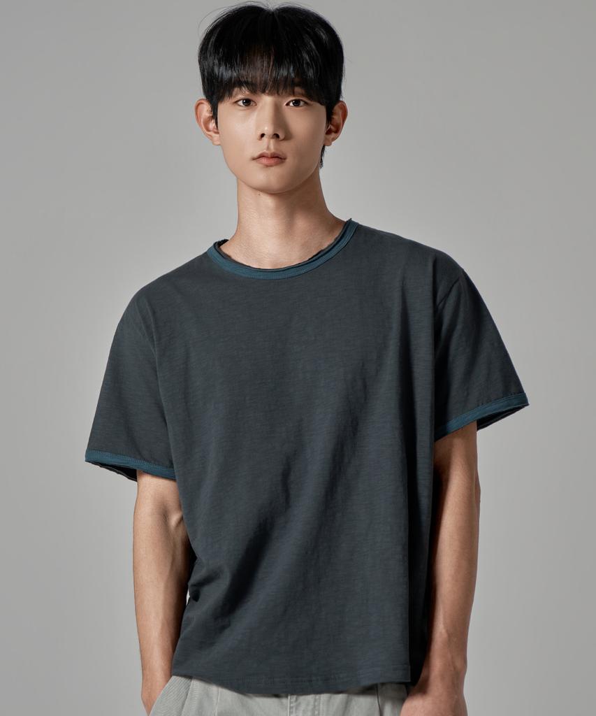 WAAR M1086 Low-Cut Contrast Round Short Sleeve T-Shirt_Charcoal