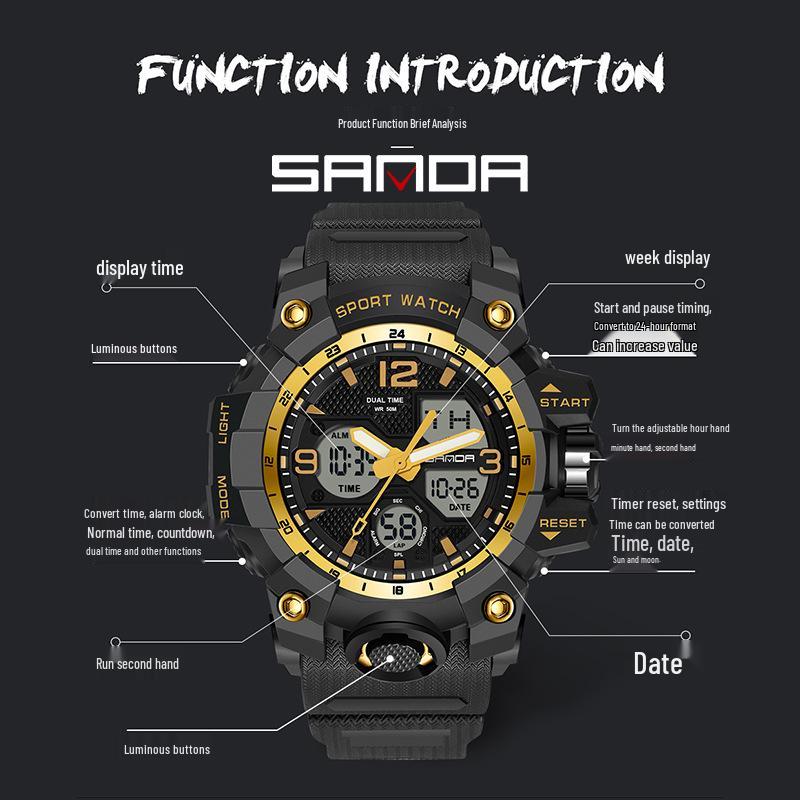 Водонепроницаемые спортивные часы Sanda Fashion с двойным дисплеем и люминесцентными элементами для подростков