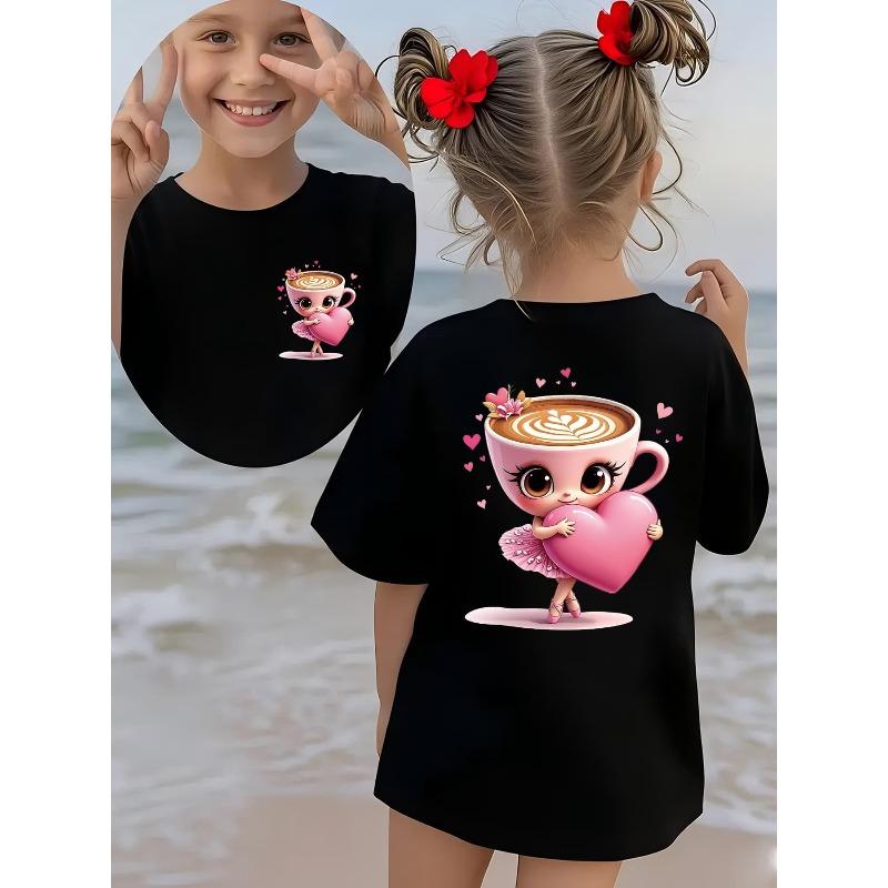 European sizes Summer Fashion Girls' Short Sleeve T-Shirt with Double-Sided Print of Italian Brain Corrosion Cartoon Dancing Cappuccino