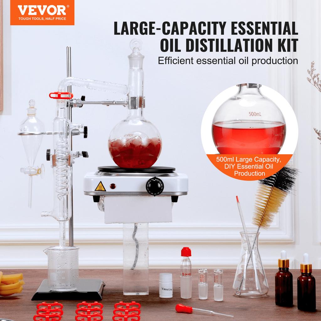 Essential Oil Distillation Kit, 500ml Distillation Apparatus, 3.3 Boro Lab Glassware Distillation Kit with 1000W Heating Plate and 24, 40 Joint, 33