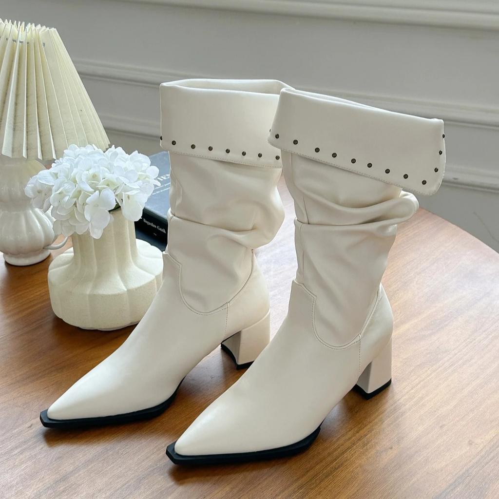 Autumn Winter Women Boots Point Toe High Heels Retro Ladies High-end Leather Chelsea Boots Platform Mid Calf Boots Female Botas