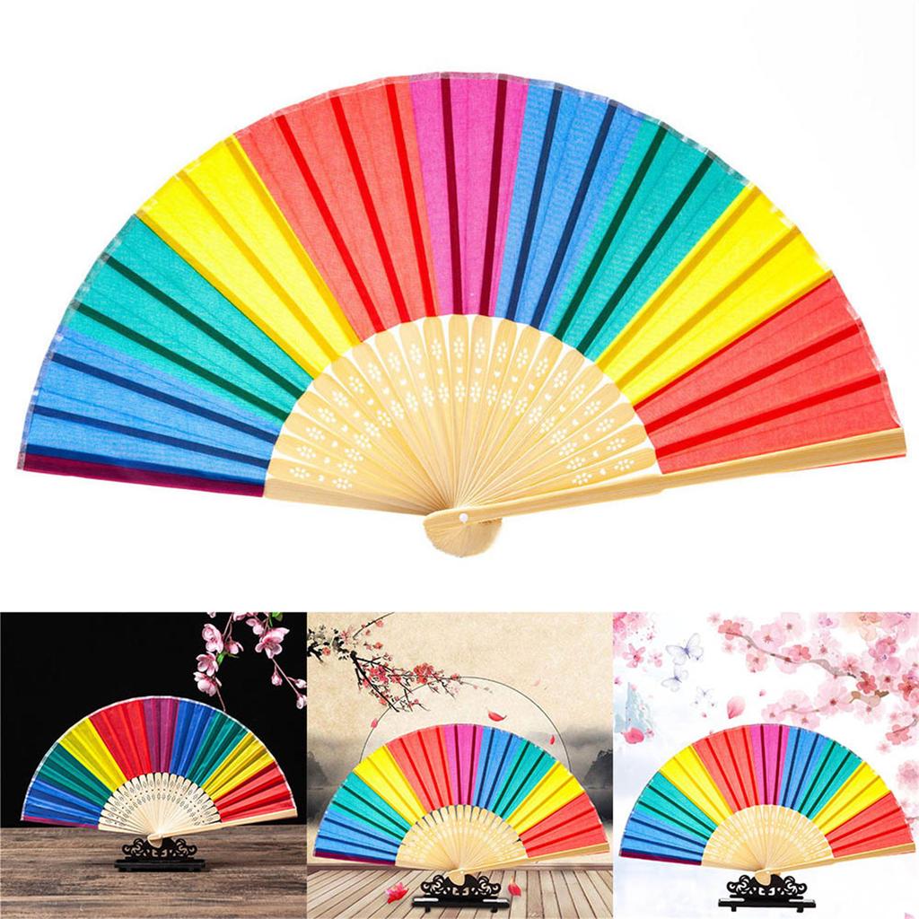 Rainbow Hand Fans Colorful Hand Held Fan Chinease Folding Hand Fan Hand Rave Fan Durable Cloth with Sturdy Bamboo Handle