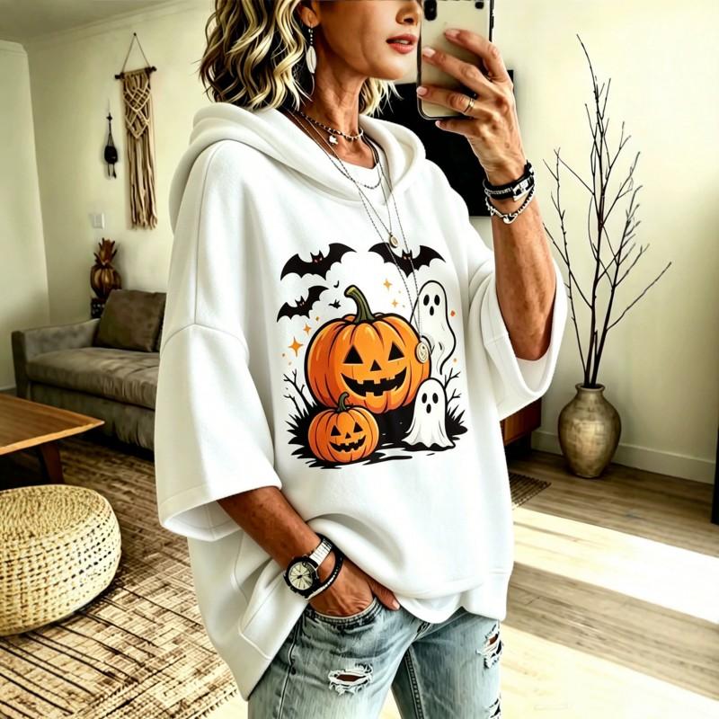 Halloween 3D Print Hoodie Loose Fit 3/4 Sleeve Casual Sweatshirt Women